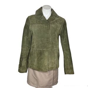ROXY Suede Jacket Olive Green Hook & Loop Closure Satin Lining Size Medium